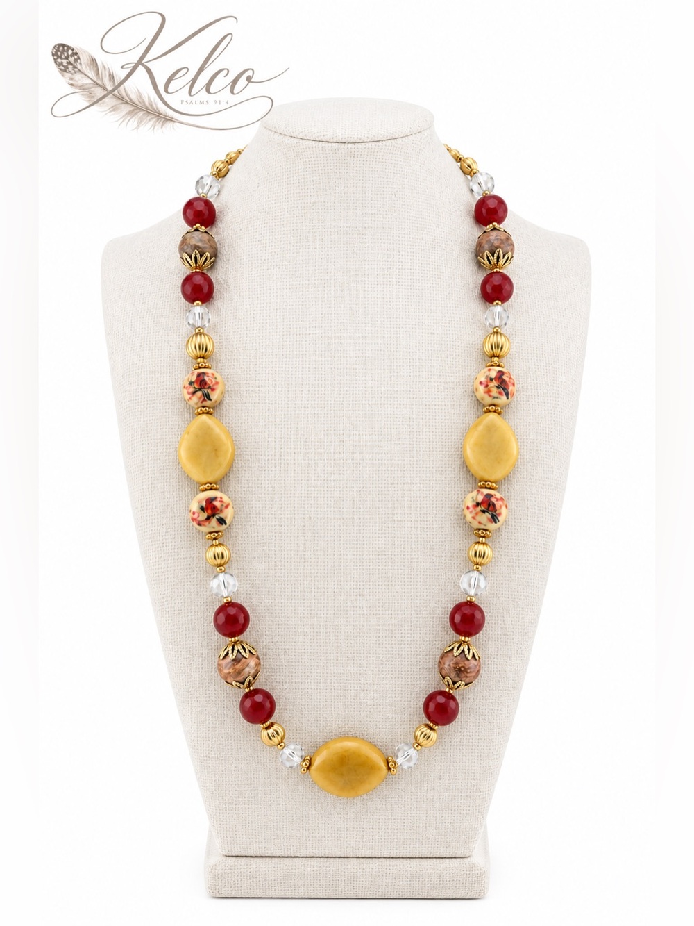 Carnelian • Yellow Jade • Agate • Hand-Painted Tensha Bird Beads 22”